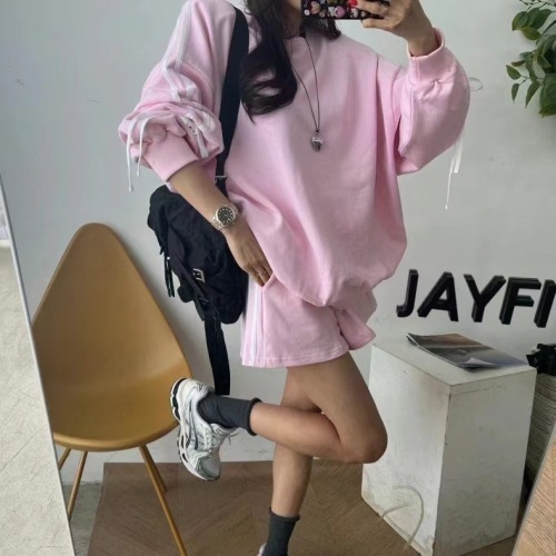 Korean Dongdaemun spring and summer new style striped bow loose long-sleeved sweatshirt sports shorts suit