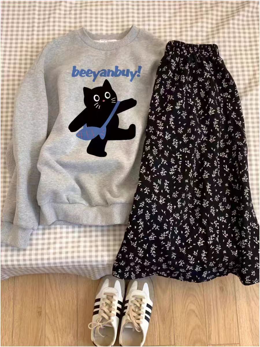 Thin Chinese cotton milk silk plus velvet Chinese cotton silver fox velvet round neck printed sweatshirt for women couple quality