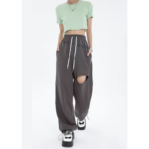 6535 Minnie drawstring sweatpants women's ripped loose casual high waist straight wide leg pants