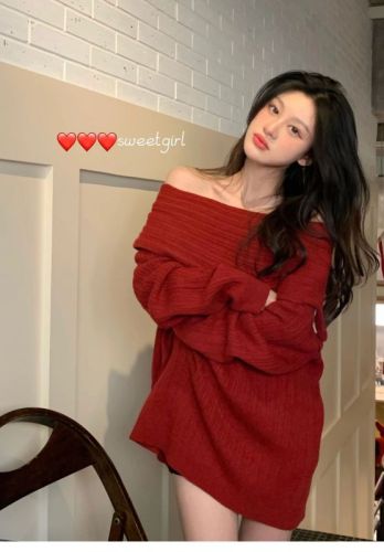 Lazy style one-shoulder sweater sweater for women autumn and winter design mid-length loose and versatile outer wear long-sleeved top