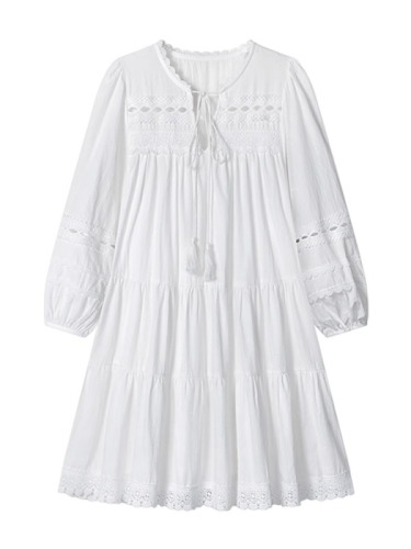 Original pure cotton jacquard fabric chiffon lining water-soluble crochet lace French white hollow long-sleeved dress