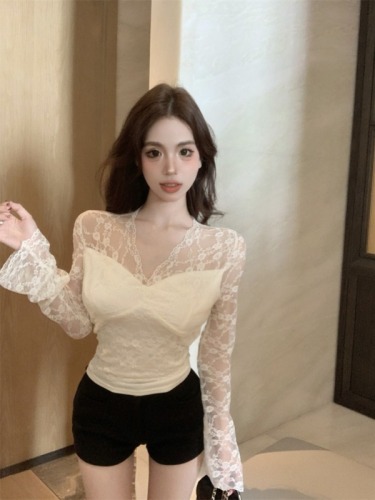 Real shot V-neck hollow long-sleeved short lace shirt women's slim sexy top bottoming shirt