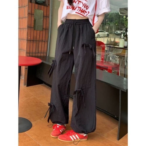 Drawstring bow casual pants for women autumn 2024 new high waist slimming loose versatile wide leg pants