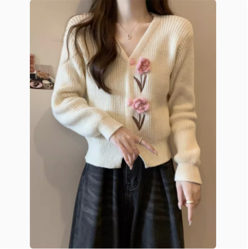 Women's Spring and Autumn Short-Sleeve V-Neck Knit Cardigan with Floral Embroidery, Fitted Bodysuit Top with Puffed Shoulders