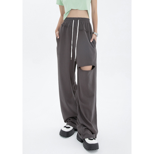 6535 Minnie drawstring sweatpants women's ripped loose casual high waist straight wide leg pants