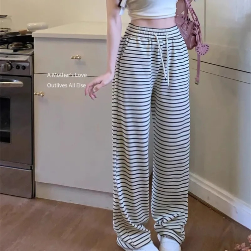 Black and white striped trousers for women in summer, thin high-waisted and loose, thin and small walking casual wide-leg pants for women