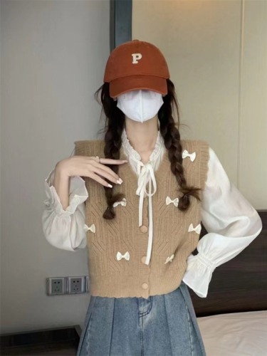 Simple Korean style V-neck casual sweet knitted fabric regular versatile vest sweater chic retro women's top