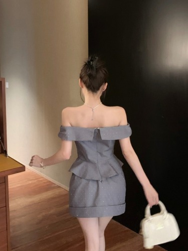 Real shot!  Exquisite girl's one-shoulder ruffled top with slimming butt-hugging skirt and sparkling suit