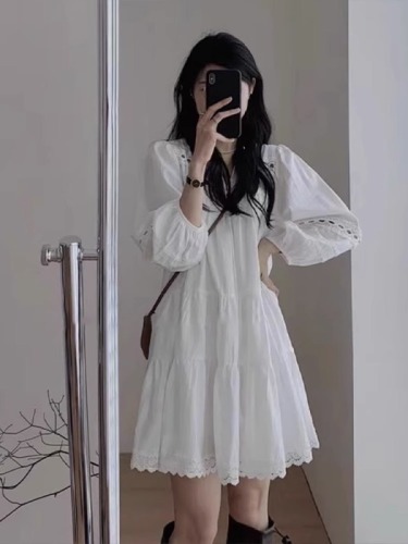 Original pure cotton jacquard fabric chiffon lining water-soluble crochet lace French white hollow long-sleeved dress