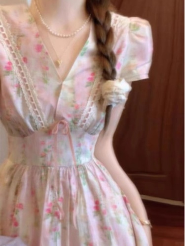 Gentle style French sweet temperament pink floral dress women's summer high-end waist slimming and beautiful long dress