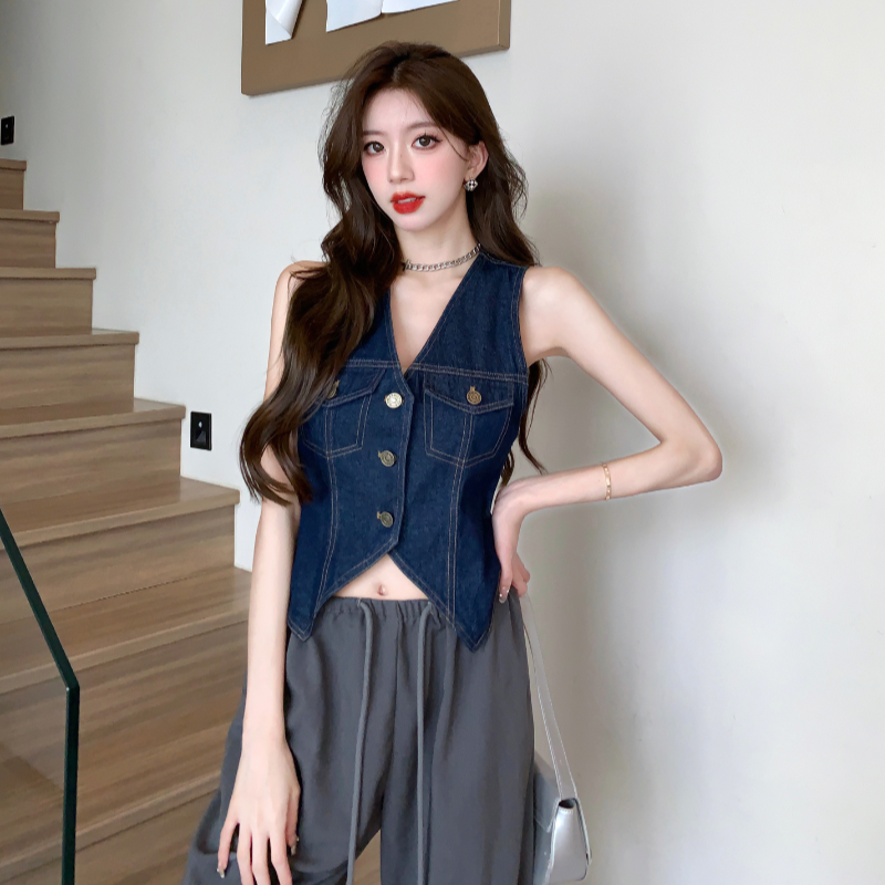 Real shot of retro Hong Kong style denim vest for women pure desire V-neck single-breasted sleeveless slim cardigan top