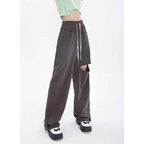 6535 Minnie drawstring sweatpants women's ripped loose casual high waist straight wide leg pants