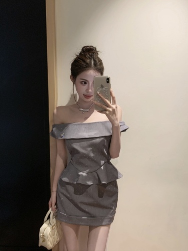 Real shot!  Exquisite girl's one-shoulder ruffled top with slimming butt-hugging skirt and sparkling suit