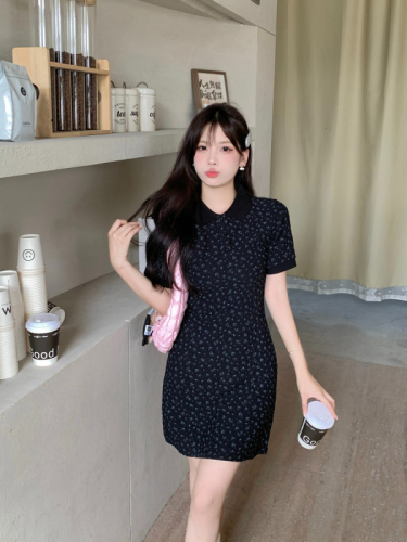 Official Photo Dress Women's Summer Short Sleeve Waist Slimming POLO Collar Long Skirt Textured Floral Temperament Short Skirt