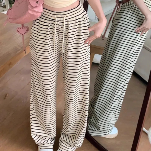 Black and white striped trousers for women in summer, thin high-waisted and loose, thin and small walking casual wide-leg pants for women