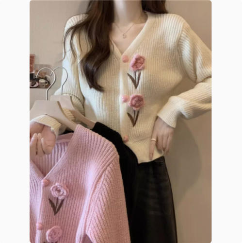 Women's Spring and Autumn Short-Sleeve V-Neck Knit Cardigan with Floral Embroidery, Fitted Bodysuit Top with Puffed Shoulders