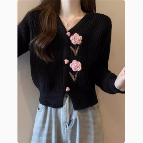 Women's Spring and Autumn Short-Sleeve V-Neck Knit Cardigan with Floral Embroidery, Fitted Bodysuit Top with Puffed Shoulders