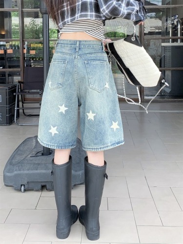 Real shot ~ Retro star denim shorts women's street straight loose slimming wide leg pants