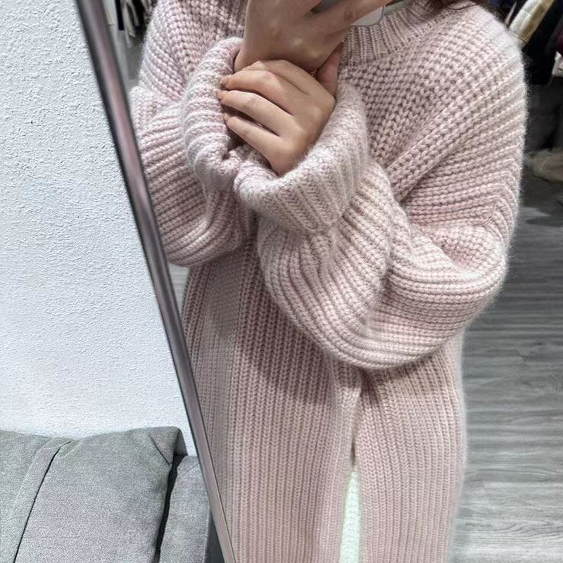 A korean niche lazy-style slit design spring and autumn new slim-fit knit sweater with a round neck and knee-length tulle dress