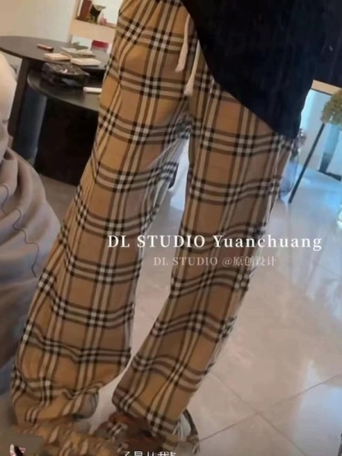 DL Korean style early autumn new 2024 American retro plaid slim brown trousers plaid wide leg pants casual pants