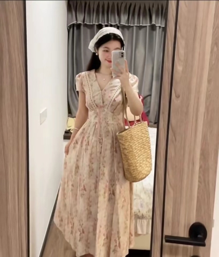 Gentle style French sweet temperament pink floral dress women's summer high-end waist slimming and beautiful long dress