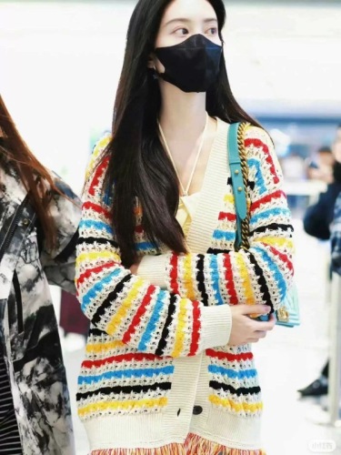 Celebrity style new rainbow knitted cardigan hem tassel sweater jacket