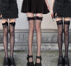 Bow black stockings, female sexy black over-the-knee stockings, jk lace edge, dark lolita ultra-thin fishnet stockings