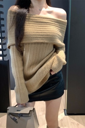 Lazy style one-shoulder sweater sweater for women autumn and winter design mid-length loose and versatile outer wear long-sleeved top