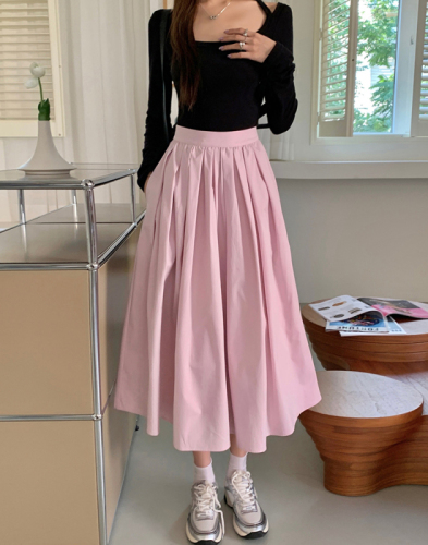 Actual shot of 2024 new autumn clothing, sweet pink big swing A-line pleated long skirt for women