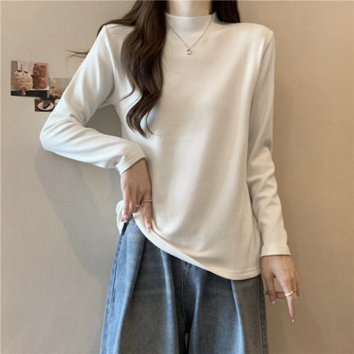 Real shot of ribbed German velvet long-sleeved T-shirt for women in autumn and winter half turtleneck inner layering shirt