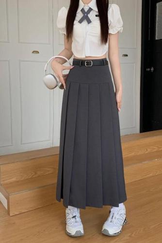 Actual shot ~ Suit skirt design niche slimming high-waisted workwear long skirt A-line pleated large hem skirt for women with belt