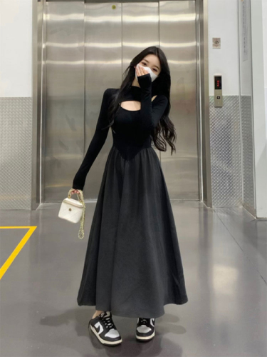 Black Hepburn style plus size dress 2024 autumn niche design women's dress temperament high waist slimming long dress