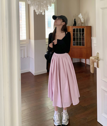 Actual shot of 2024 new autumn clothing, sweet pink big swing A-line pleated long skirt for women