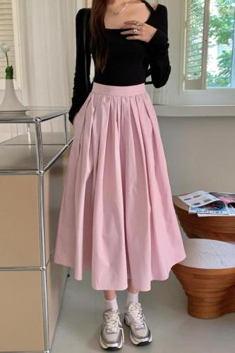 Actual shot of 2024 new autumn clothing, sweet pink big swing A-line pleated long skirt for women