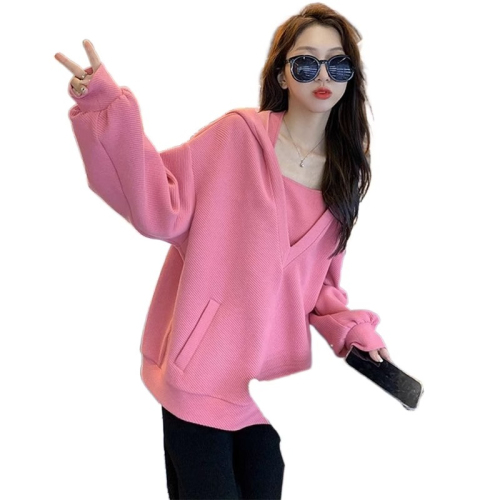 Spring and autumn hooded large size loose sweatshirt women's two-piece age-reducing suspender top fat mm 200 pounds 300