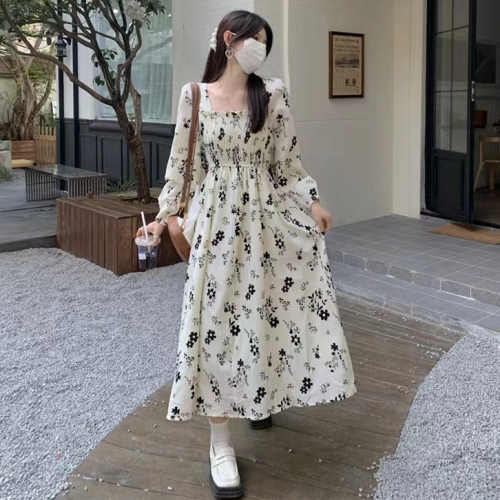 Gentle wind long-sleeved autumn dress 2024 new design fashionable and versatile slimming floral long skirt