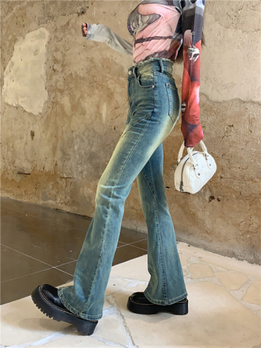 Real shot!  Retro raw edge bootcut jeans, slim straight high waist, slim horseshoe trousers