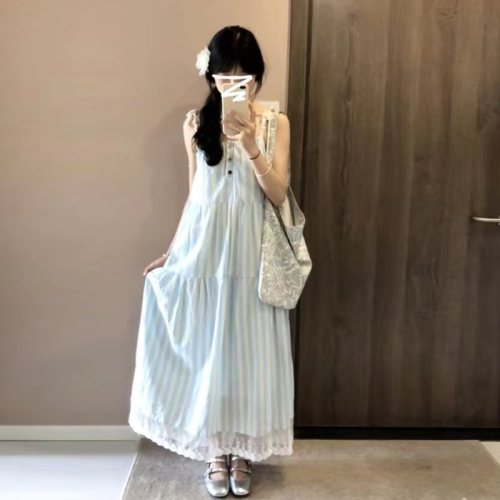 French blue striped lace suspender dress for women 2024 summer new design sleeveless temperament long dress