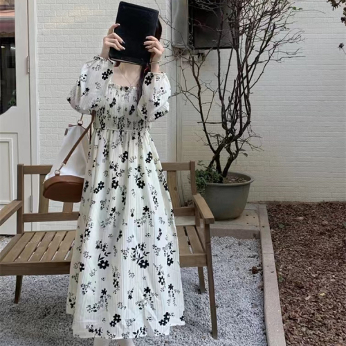 Gentle wind long-sleeved autumn dress 2024 new design fashionable and versatile slimming floral long skirt