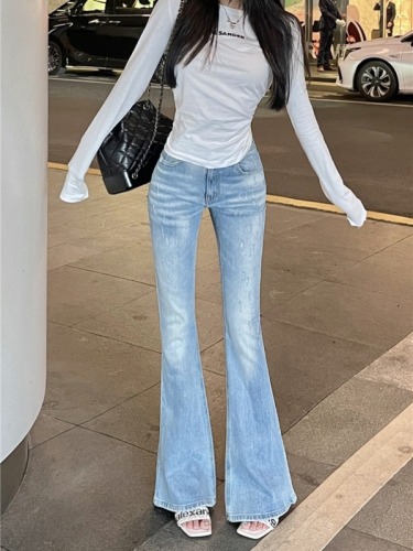 Real shot!  Retro American-style washed stretch jeans for women, new trendy slimming high-waisted bootcut pants