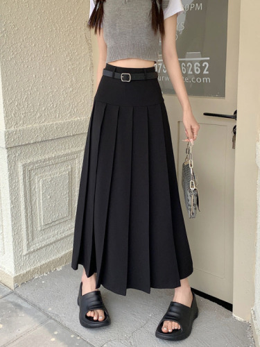 Actual shot ~ Suit skirt design niche slimming high-waisted workwear long skirt A-line pleated large hem skirt for women with belt