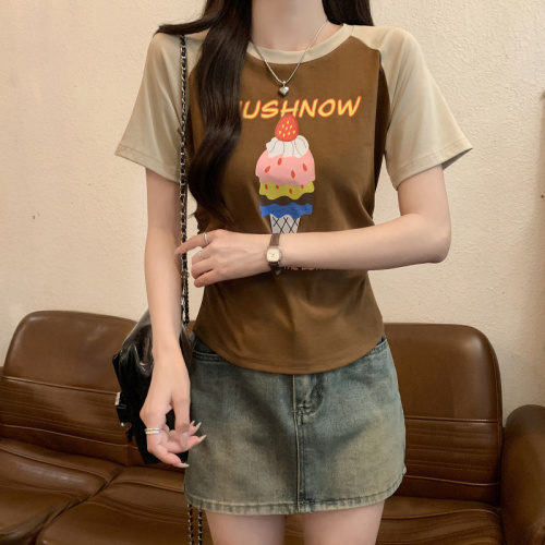 Real shot 1*1 thread 210g short-sleeved T-shirt summer raglan sleeve slim short round neck top Korean style women's clothing