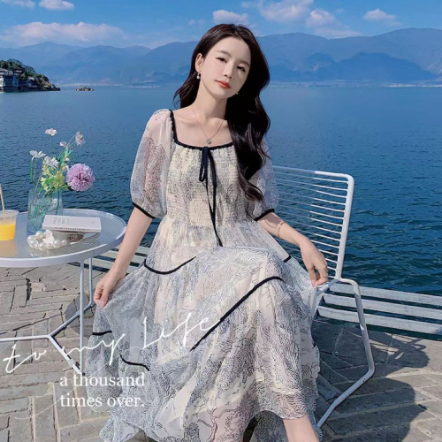 French retro style chiffon print dress for women summer new tea break high-end seaside vacation fairy skirt