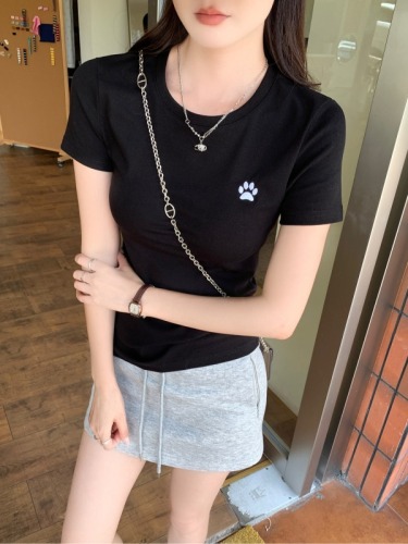 Real shot 1*1 thread 210g short-sleeved T-shirt summer trend embroidery slim short round neck top Korean style women's clothing