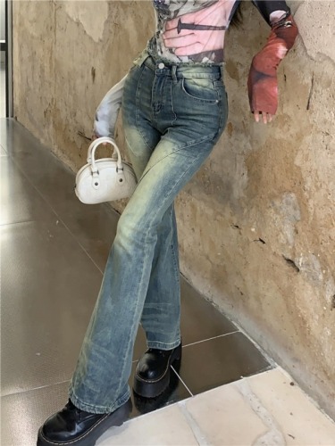 Real shot!  Retro raw edge bootcut jeans, slim straight high waist, slim horseshoe trousers