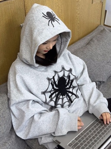 Official picture American retro spider print hooded sweatshirt for women niche design autumn and winter plus velvet loose jacket trendy