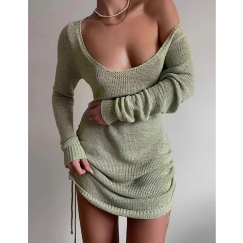 Large round neck long-sleeved knitted dress European and American autumn backless loose and comfortable double-sided drawstring rope skirt