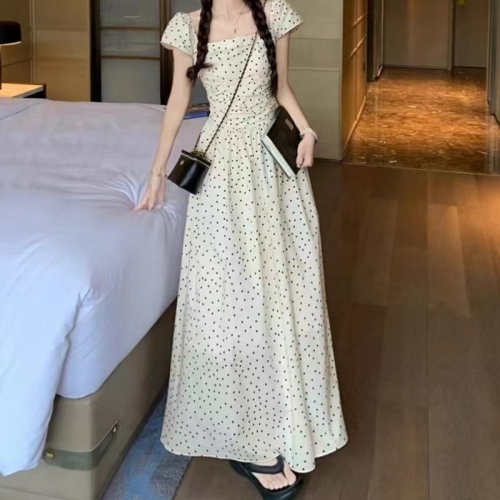 French style small flying sleeves polka dot dress summer feminine slimming long skirt niche design square collar