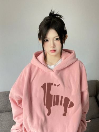 Spring and autumn hooded sweatshirt for women thin and small American retro trendy brand oversize lazy style jacket top