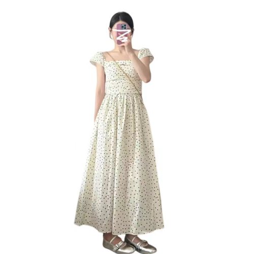 Square neck polka dot dress for women summer 2024 new tea break French super nice pear-shaped figure waist long skirt